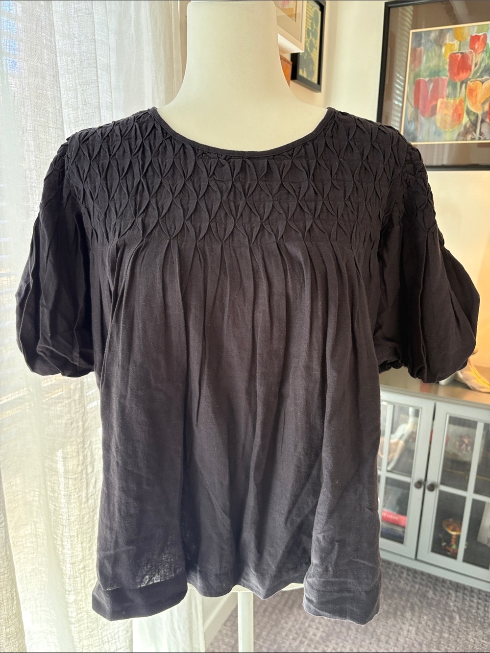 Anthropologie Black Smocked Short Sleeve Linen Top